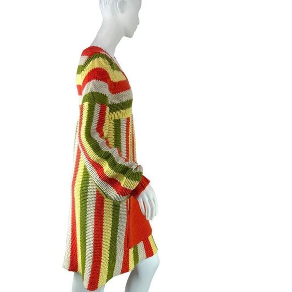 1970's Handknit Striped Dress with Big Kangaroo Front Pocket, Yellow, Green, Red - Picture 7 of 10